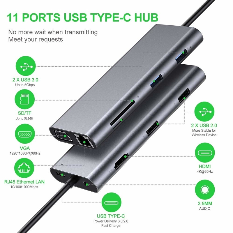 11 portów 11 w 1 USB Type C Hub 10 Gbps USB C Docking Station Plug And Play Integracja oprogramowania