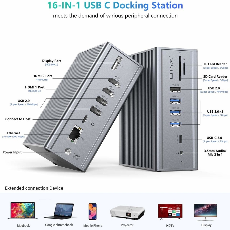 16 w 1 stacja dokująca dla laptopa adapter USB C Szary 10Gbps Przekaz danych Prędkość wyświetlania