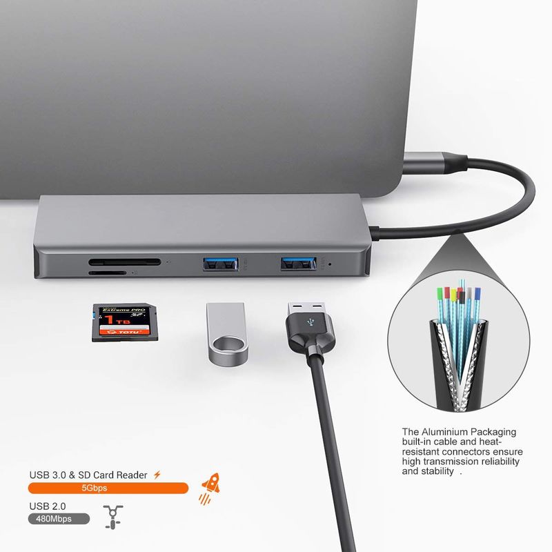 11 w 1 aluminiowy srebrny USB C Hub z 3,5 mm audio jackem czytnikiem kart SD dla laptopa Mac