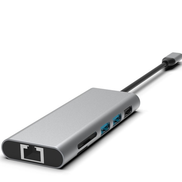 Srebrowy 10-w-1 USB-C Hub z HDMI USB 3.0 Ethernet 3.5mm Audio Jack dla PC i laptopa