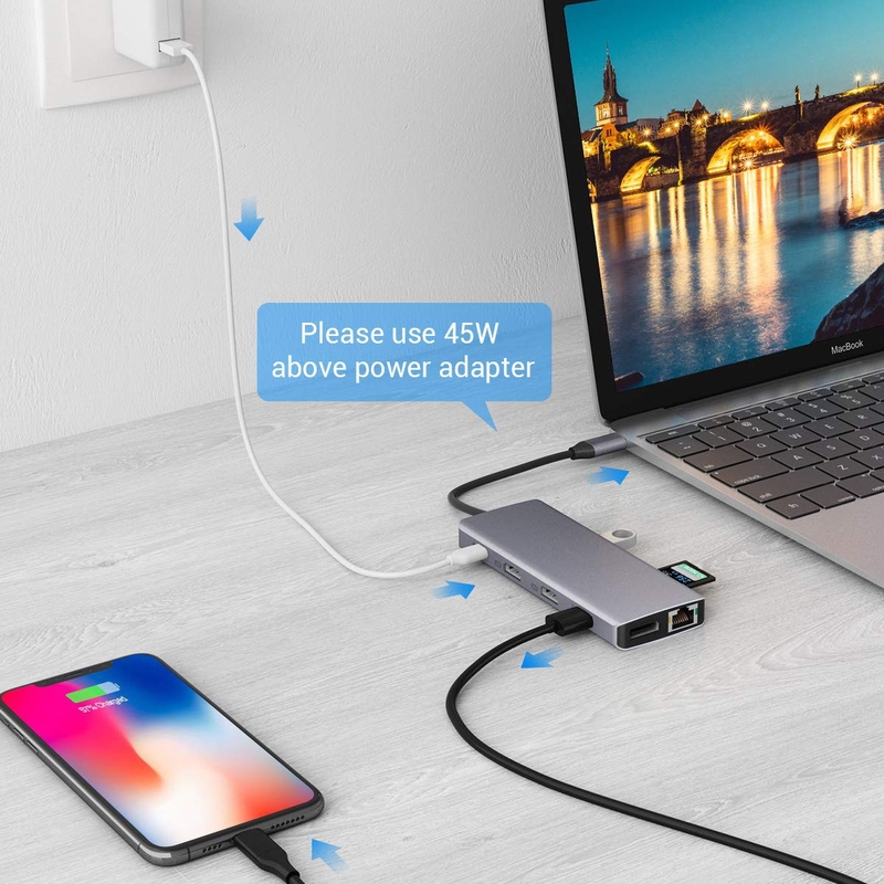 USB A Typ C HDMI USB Hub z prędkością przesyłania 5 Gbps i zasilaczem