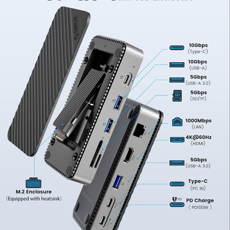 USB C Displaylink Docking Station z 10Gbps USB 3.2 Gen2 M.2 NVMe/SATA SSD Reader