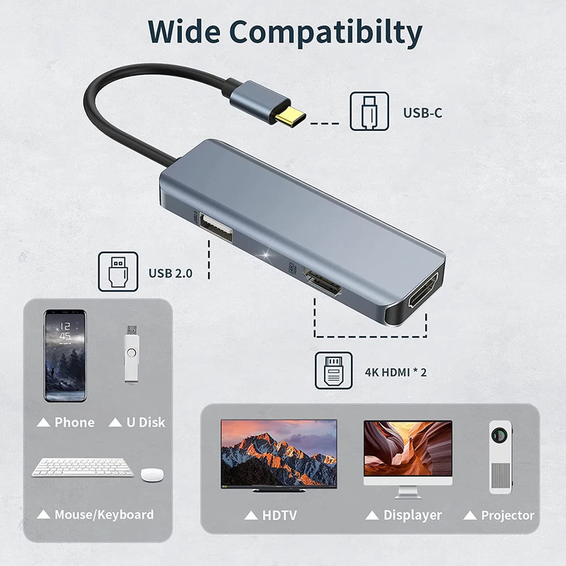 3 w 1 USB Hub HDMI Adapter USB C do USB 2.0 Adapter Slim Dock For Mac
