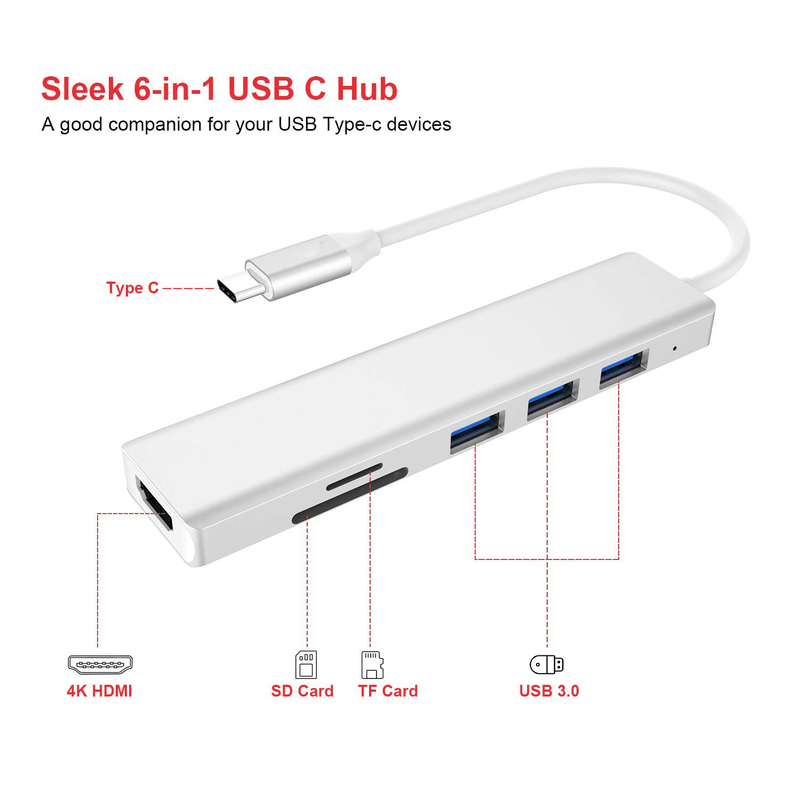 6 portów USB-C Hub Splitter Usb-C Expander Przenośny adapter USB Multiport Data Hub