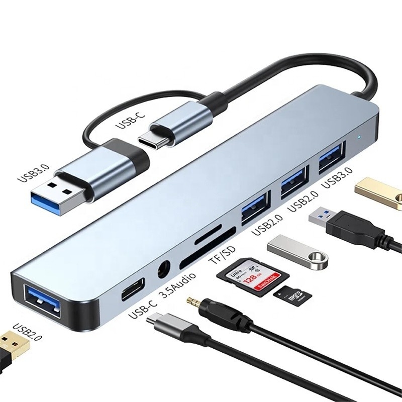 8-w-1 USB 3.0 Hub 3*USB 2.0 3.5mm Audio SD/TF Card Reader Wyjście do przesyłania danych i ładowania