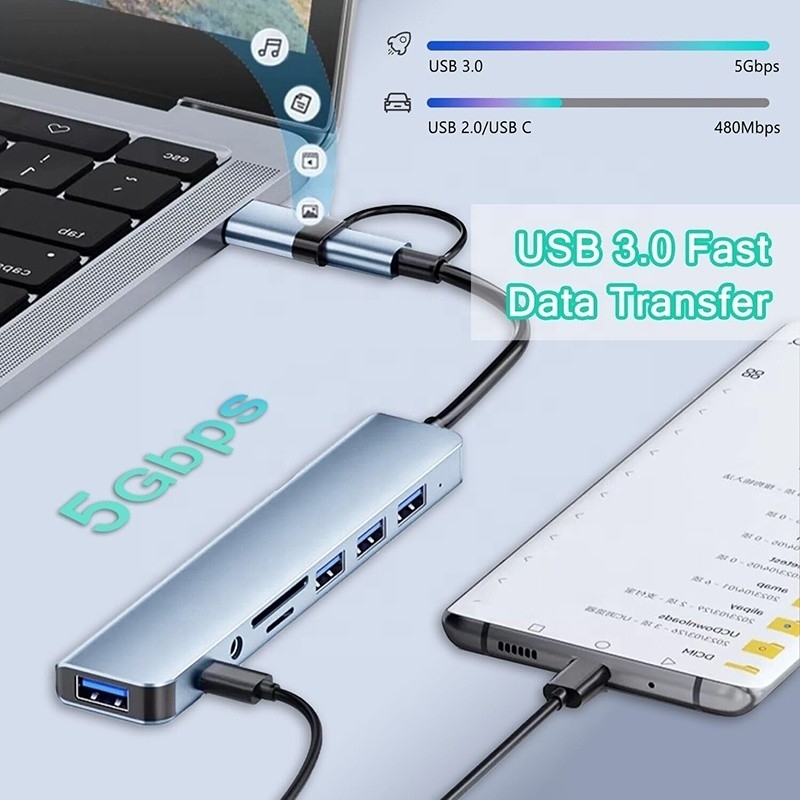 8-w-1 USB 3.0 Hub 3*USB 2.0 3.5mm Audio SD/TF Card Reader Wyjście do przesyłania danych i ładowania