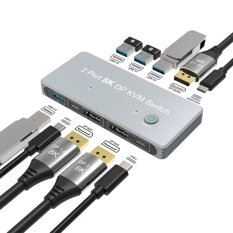 2-port Displayport i USB KVM Switch 4K 144Hz 8K 60Hz 1.4 z 1,4 DP Interfejs USB