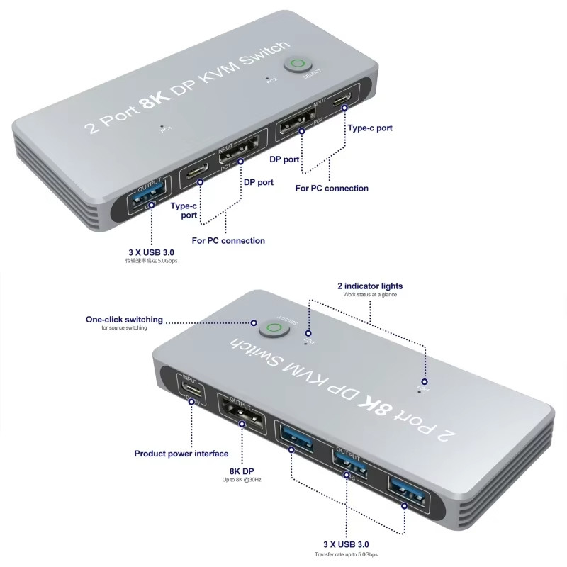 2-port Displayport i USB KVM Switch 4K 144Hz 8K 60Hz 1.4 z 1,4 DP Interfejs USB