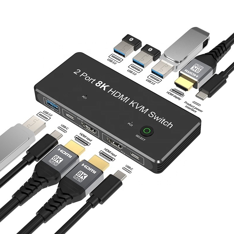 2 porty HDMI 2.1 Przełącznik KVM z USB 3.0 2 wejście 1 wyjście wskaźniki LED Kobieta-kobieta