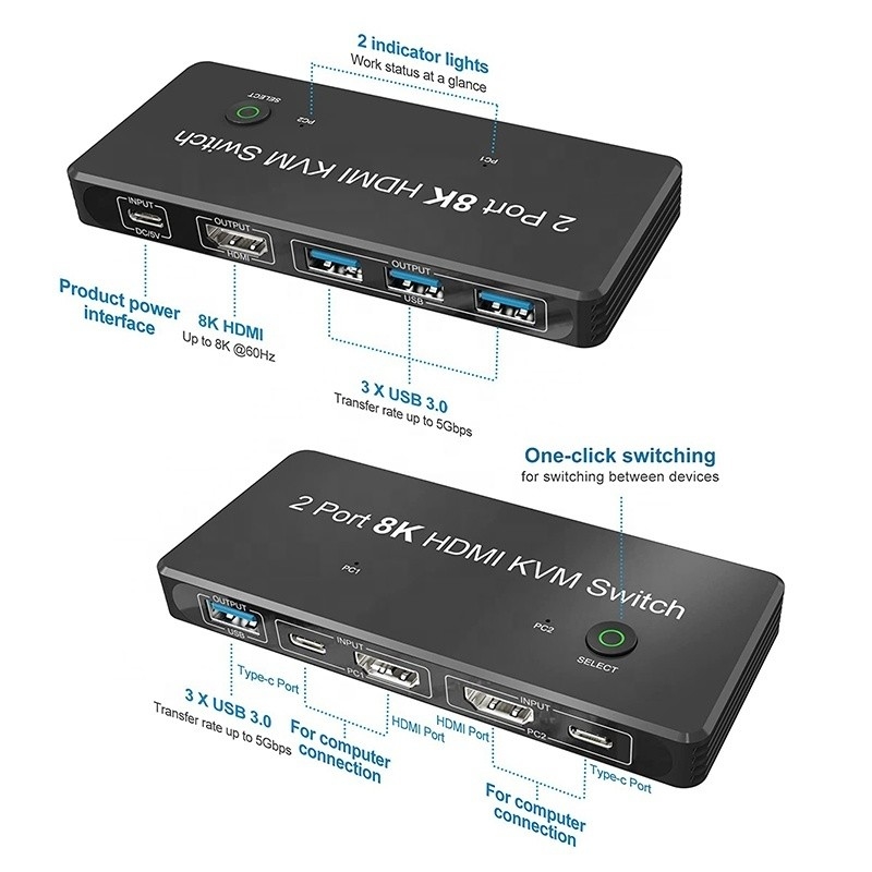2 porty HDMI 2.1 Przełącznik KVM z USB 3.0 2 wejście 1 wyjście wskaźniki LED Kobieta-kobieta