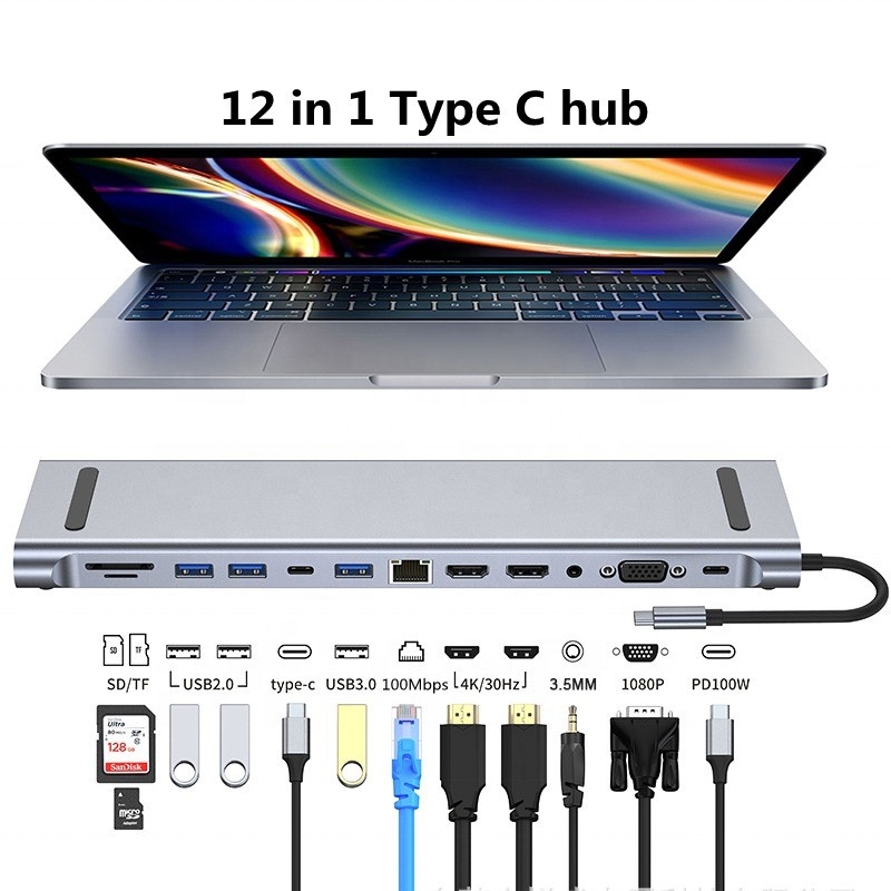 12 w 1 USB-C Type-C Docking Station do ładowania, transferu danych i funkcji głośnika