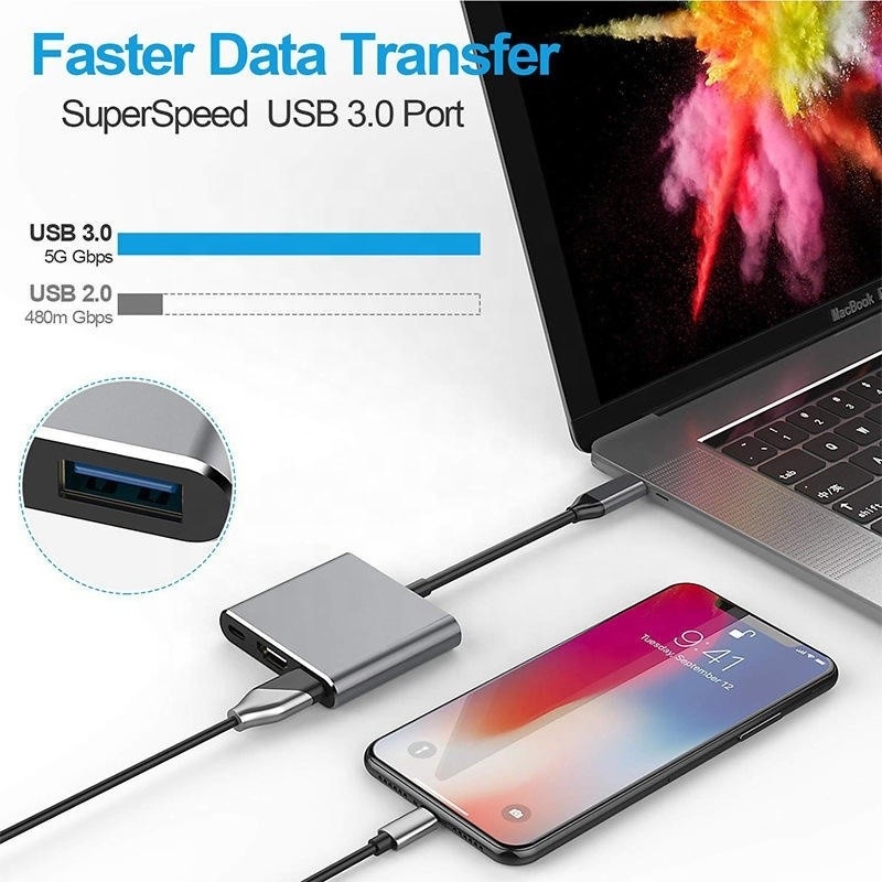 3-w-1 USB C Typ C Wielofunkcyjny węzeł do USB-C PD HDMI USB 3.0 Adapter Converter Cable