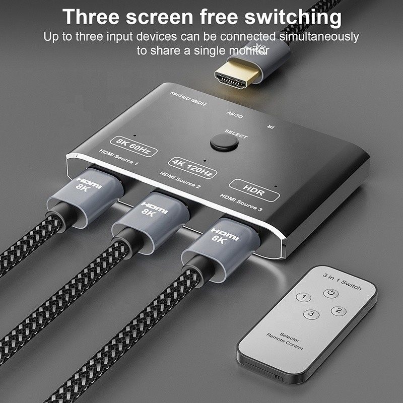 8K 120Hz HDR 3 Port HDMI Switcher 3 w 1 Out Plug Remote Converter