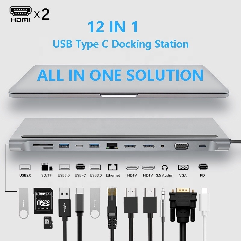Zwiększona łączność 12 w 1 USB C Type-C Hub Multiport Dock Station z podwójnym HDMI