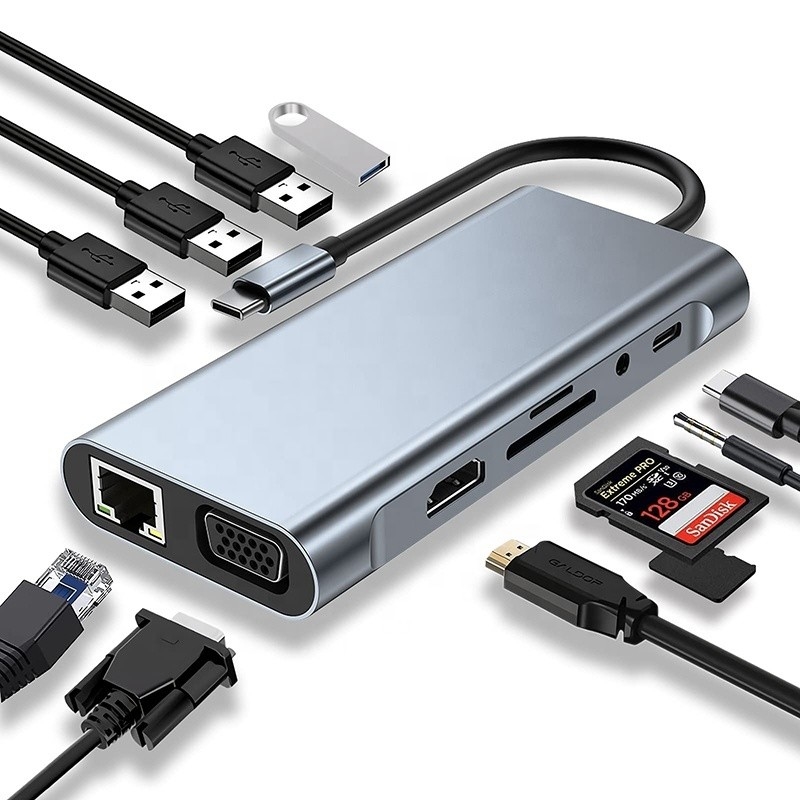 Wielofunkcyjny USB C Hub Dock z Gigabit RJ45 Ethernet TF SD Card Reader HDMI VGA USB 3.0