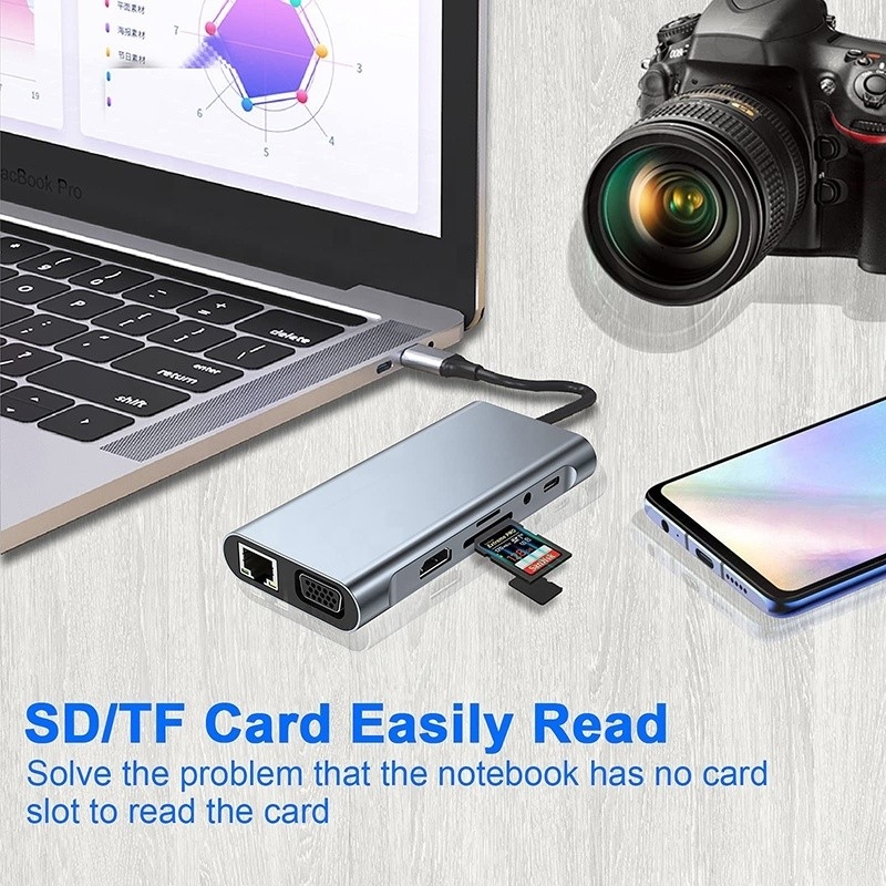 Wielofunkcyjny USB C Hub Dock z Gigabit RJ45 Ethernet TF SD Card Reader HDMI VGA USB 3.0