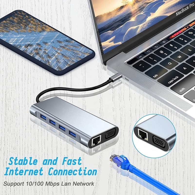 Wielofunkcyjny USB C Hub Dock z Gigabit RJ45 Ethernet TF SD Card Reader HDMI VGA USB 3.0
