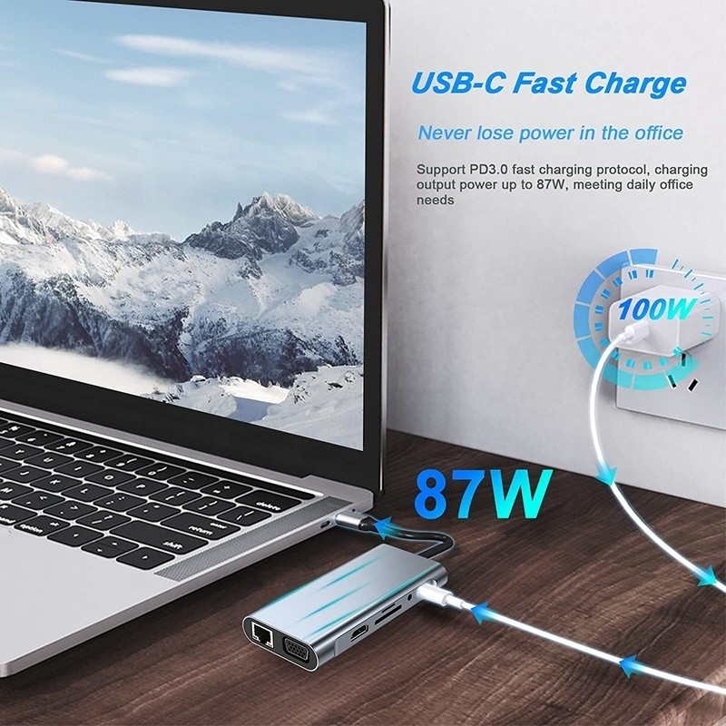 Wielofunkcyjny USB C Hub Dock z Gigabit RJ45 Ethernet TF SD Card Reader HDMI VGA USB 3.0