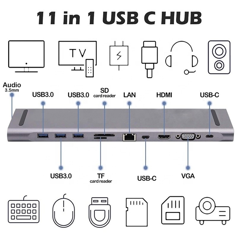 11 w 1 USB C Type C Docking Station z VGA Ethernet 3.5 mm Audio TF / SD Card Reader