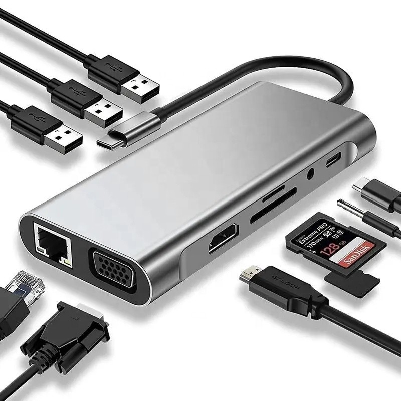 USB C Hub Typ-C do USB 3.0 HDMI VGA RJ45 Lan SD TF Audio USB Grey Multiport Adapter