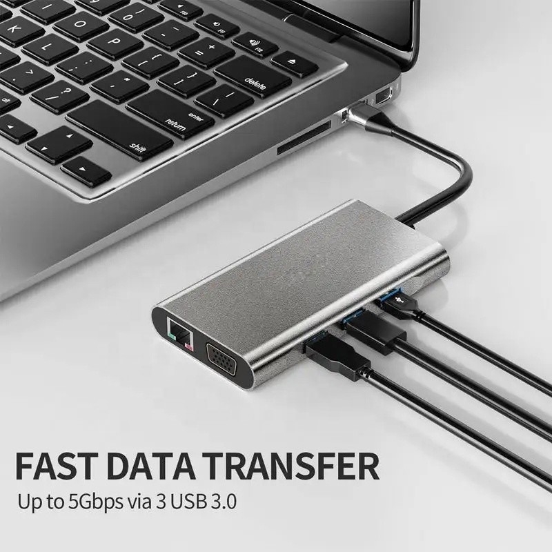 USB C Hub Typ-C do USB 3.0 HDMI VGA RJ45 Lan SD TF Audio USB Grey Multiport Adapter