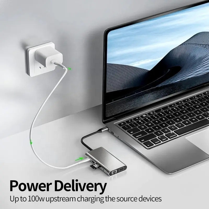 USB C Hub Typ-C do USB 3.0 HDMI VGA RJ45 Lan SD TF Audio USB Grey Multiport Adapter