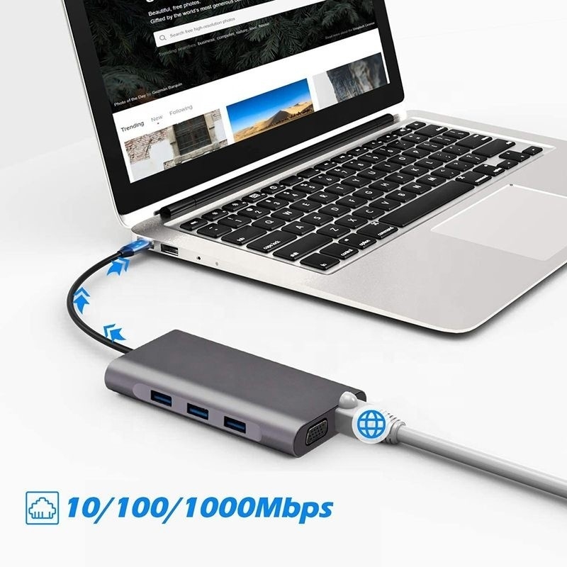 USB C Hub Typ-C do USB 3.0 HDMI VGA RJ45 Lan SD TF Audio USB Grey Multiport Adapter