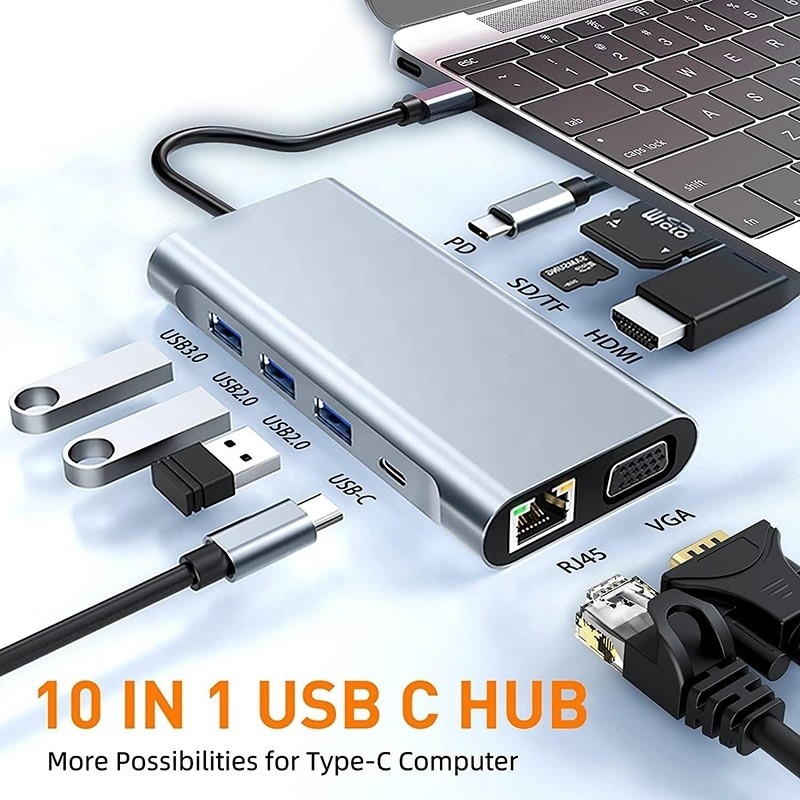 USB C Typ C 10 W 1 Docking Station z 4K HDTV VGA Lan RJ45 USB3.0 Card Reader PD