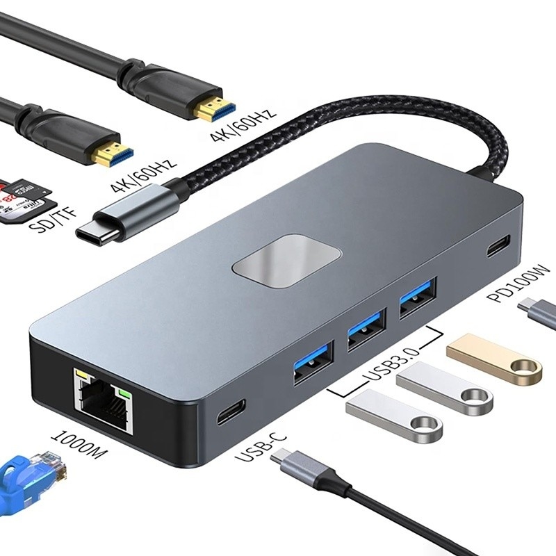10 w 1 USB C Hub Do Dual HDMI 4K 60Hz Adapter Dock z USB 3.0 Ethernet RJ45 1000Mbps