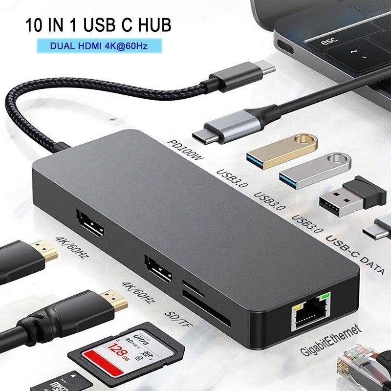 10 w 1 USB C Hub Do Dual HDMI 4K 60Hz Adapter Dock z USB 3.0 Ethernet RJ45 1000Mbps
