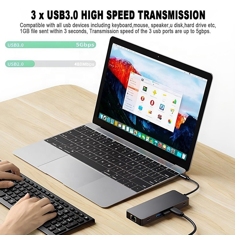 10 w 1 USB C Hub Do Dual HDMI 4K 60Hz Adapter Dock z USB 3.0 Ethernet RJ45 1000Mbps