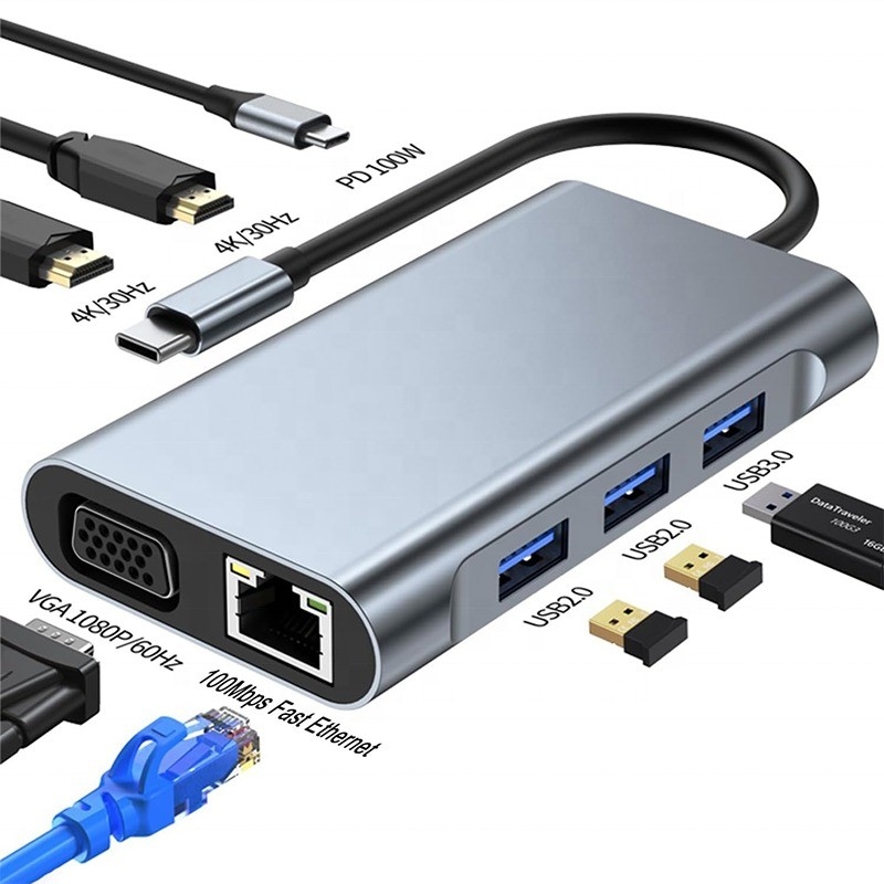 Wielofunkcyjna 8-W-1 USB-C USB C Docking Station z podwójnym 4K HDMI i 2 portami HDMI Szary