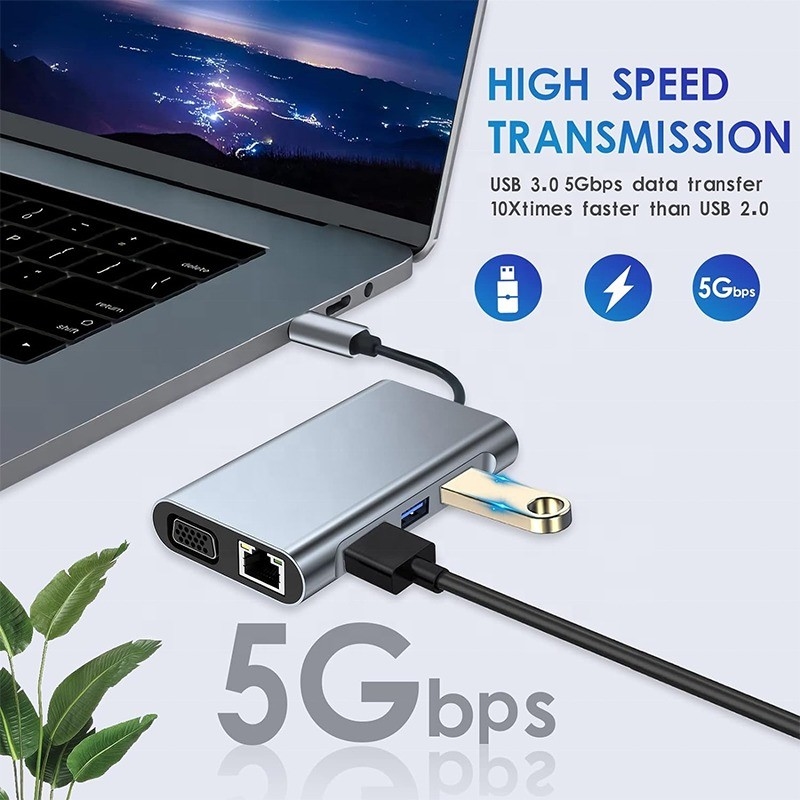 Wielofunkcyjna 8-W-1 USB-C USB C Docking Station z podwójnym 4K HDMI i 2 portami HDMI Szary