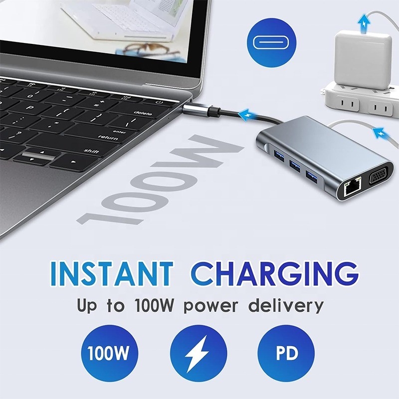 Wielofunkcyjna 8-W-1 USB-C USB C Docking Station z podwójnym 4K HDMI i 2 portami HDMI Szary