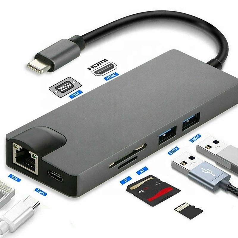 8-w-1 USB C Hub Typ-C Typ C 3.1 do 4K HDMI HDTV RJ45 Lan Ethernet PD USB3.0 Adapter Hub