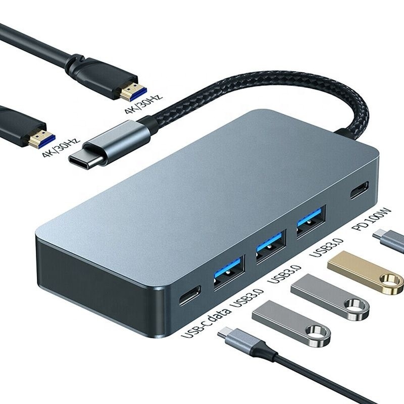 4K 30Hz Dual HDMI USB 3.0 Adapter Docking Station 7 w 1 Multiport USB C Type C Hub