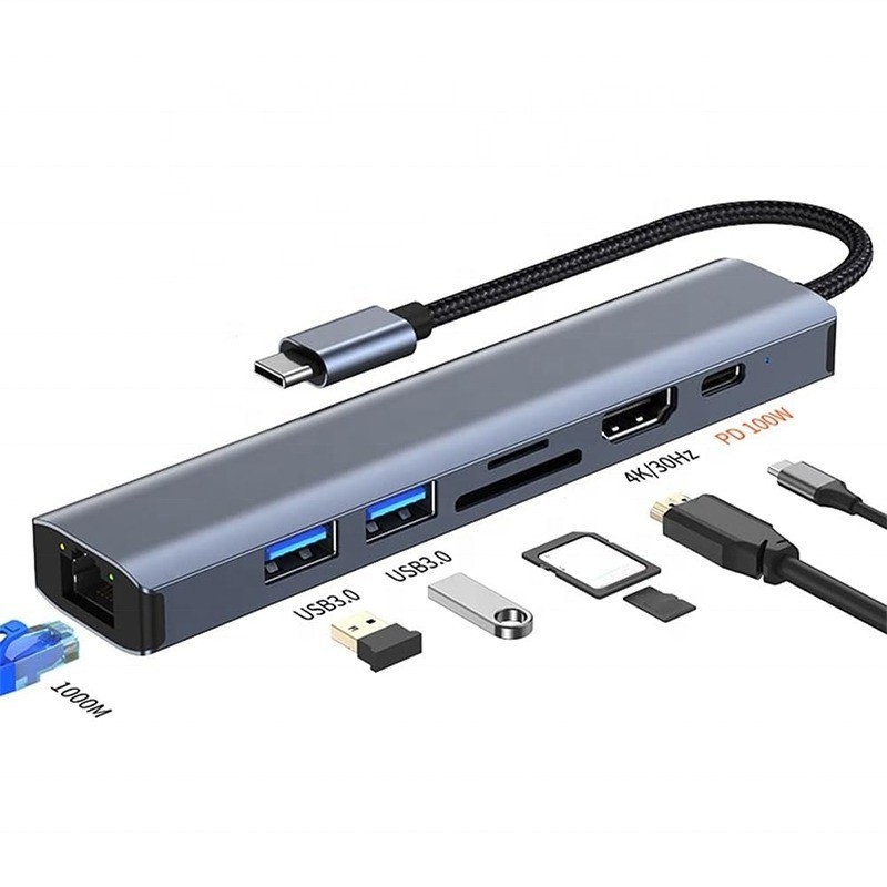 Szary 7 w 1 USB C Type C Hub z 1000M RJ45 Gigabit Ethernet 4K HDMI PD 100W Adapter