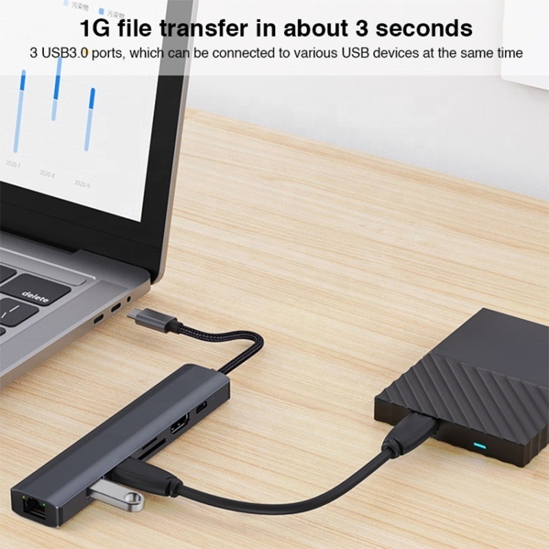 Szary 7 w 1 USB C Type C Hub z 1000M RJ45 Gigabit Ethernet 4K HDMI PD 100W Adapter