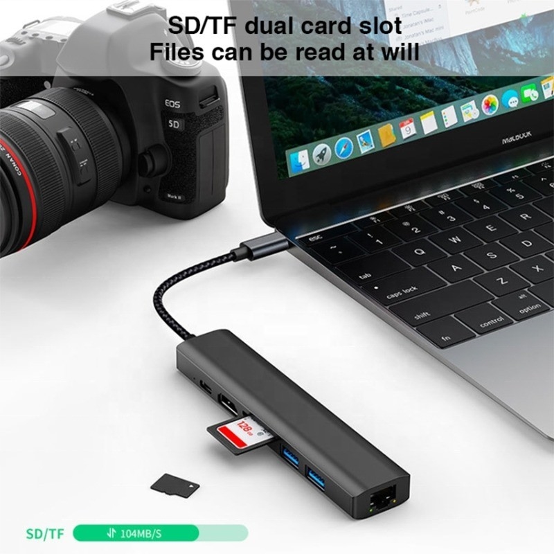 Szary 7 w 1 USB C Type C Hub z 1000M RJ45 Gigabit Ethernet 4K HDMI PD 100W Adapter