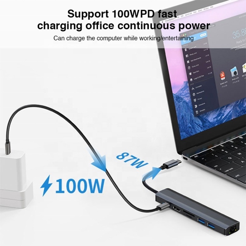 Szary 7 w 1 USB C Type C Hub z 1000M RJ45 Gigabit Ethernet 4K HDMI PD 100W Adapter