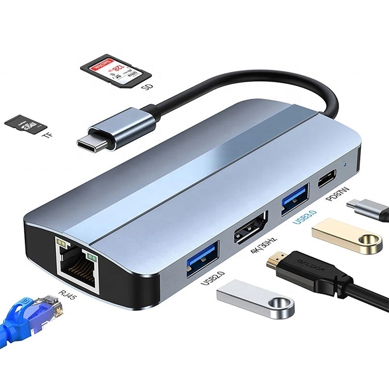 7 w 1 USB C USB-C Hub Do Macbooka Szary HDMI USB 3.0 USB2.0 RJ45 SD/TF Card Reader PD wyjście