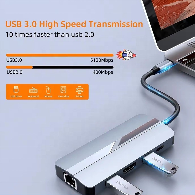 7 w 1 USB C USB-C Hub Do Macbooka Szary HDMI USB 3.0 USB2.0 RJ45 SD/TF Card Reader PD wyjście