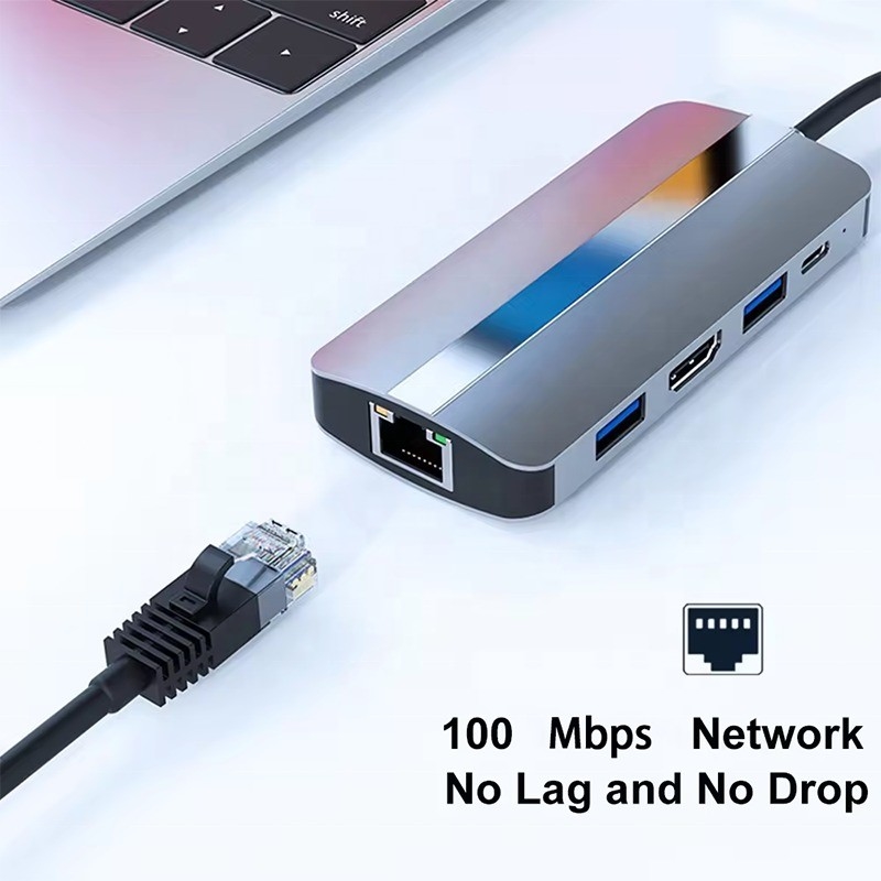 7 w 1 USB C USB-C Hub Do Macbooka Szary HDMI USB 3.0 USB2.0 RJ45 SD/TF Card Reader PD wyjście