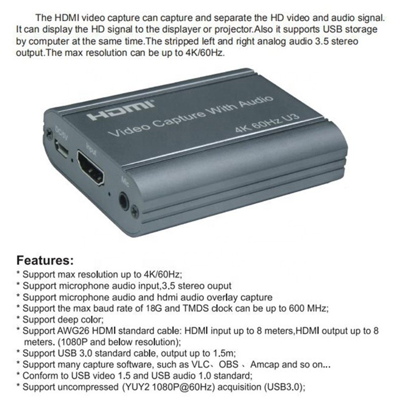 Profesjonalna 4K 60Hz HDMI do USB3.0 karta do nagrywania wideo z wyjściem audio i USB 3.0