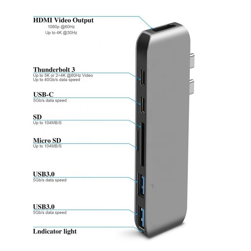 Adapter węzłowy typu C typu 6-w-1 z wyjściem SD/TF 2*USB3.0 2*USB-C