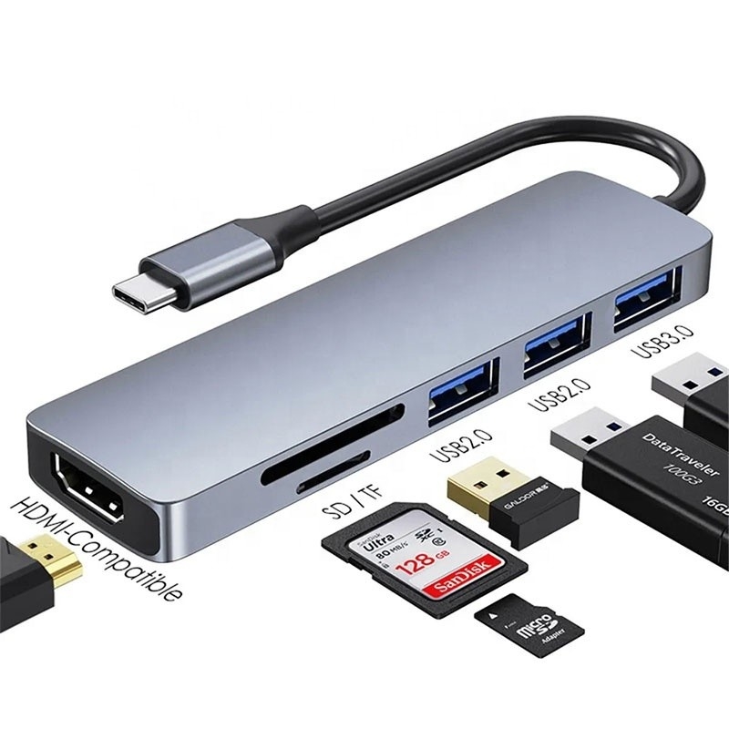 6-w-1 Multiport Laptop Docking Station z 4K HD HDMI HDTV USB 3.0 SD TF Card Reader