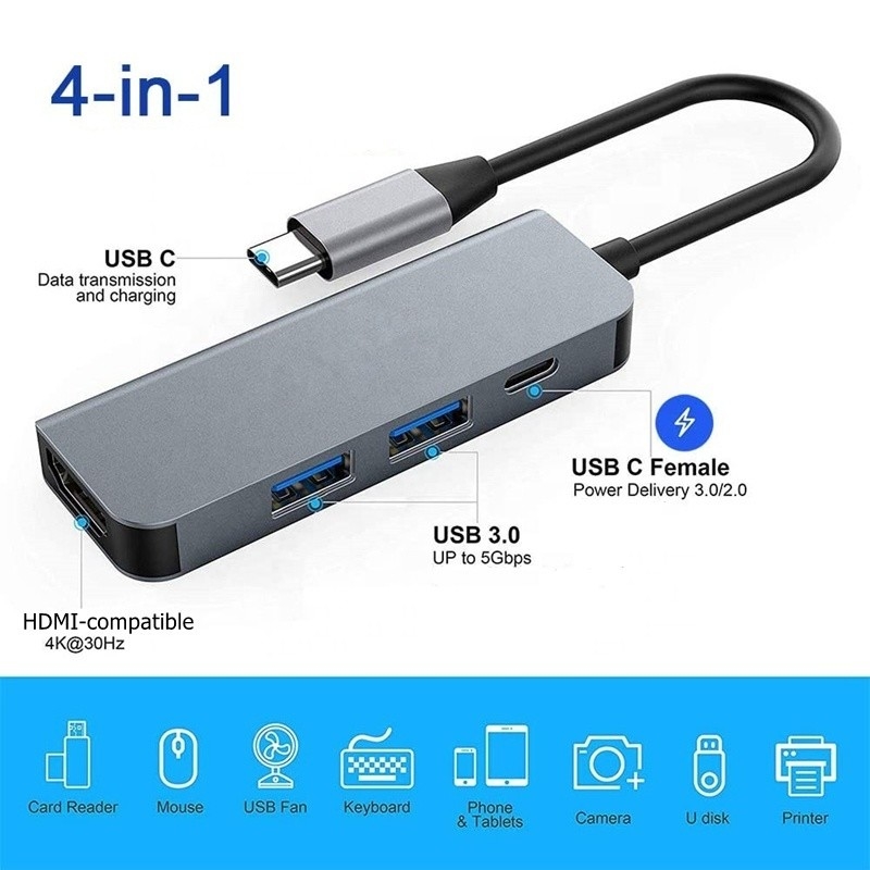 4K HDMI Kompatybilny adapter typu C do USB C Hub z 2 portami ładowania USB3.0 i PD