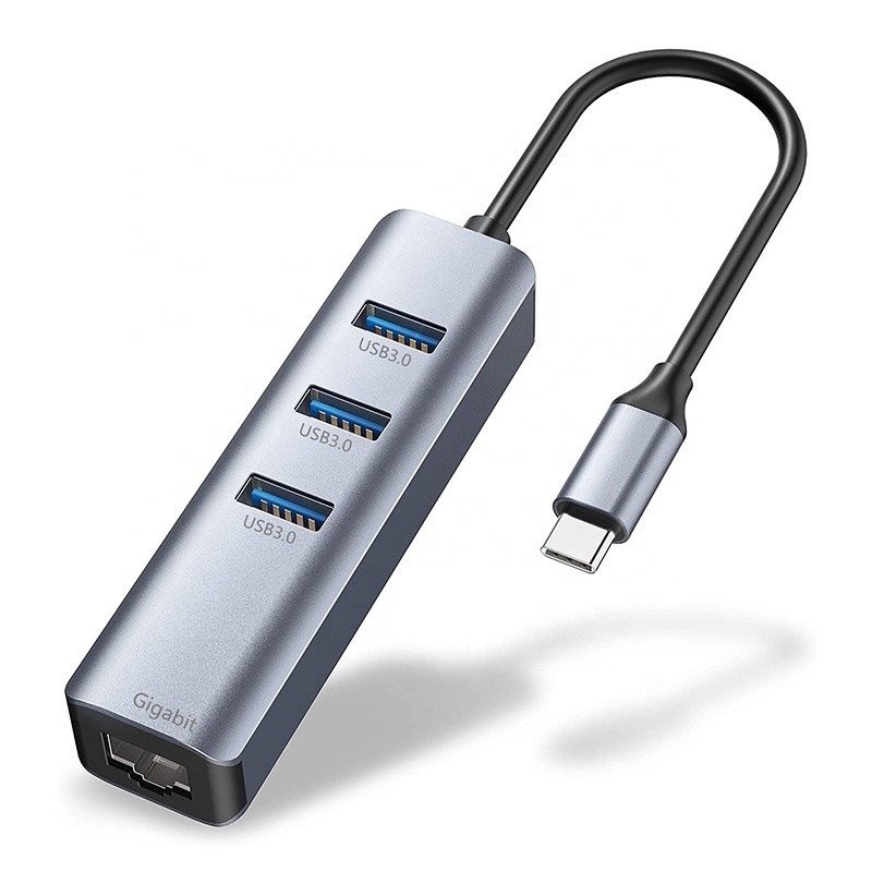 Interfejs USB 3.1 Typ C do 9 portów Adapter USB A 3.0 z kartą sieciową RJ45 Gigabit Ethernet Szary