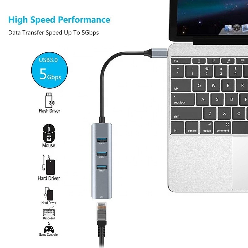 Interfejs USB 3.1 Typ C do 9 portów Adapter USB A 3.0 z kartą sieciową RJ45 Gigabit Ethernet Szary