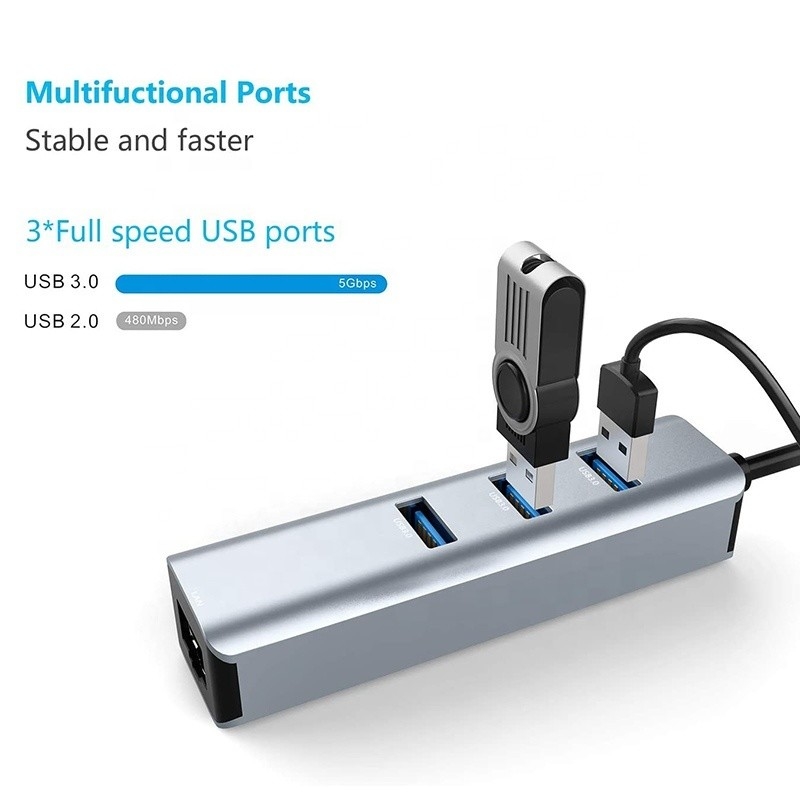 Interfejs USB 3.1 Typ C do 9 portów Adapter USB A 3.0 z kartą sieciową RJ45 Gigabit Ethernet Szary